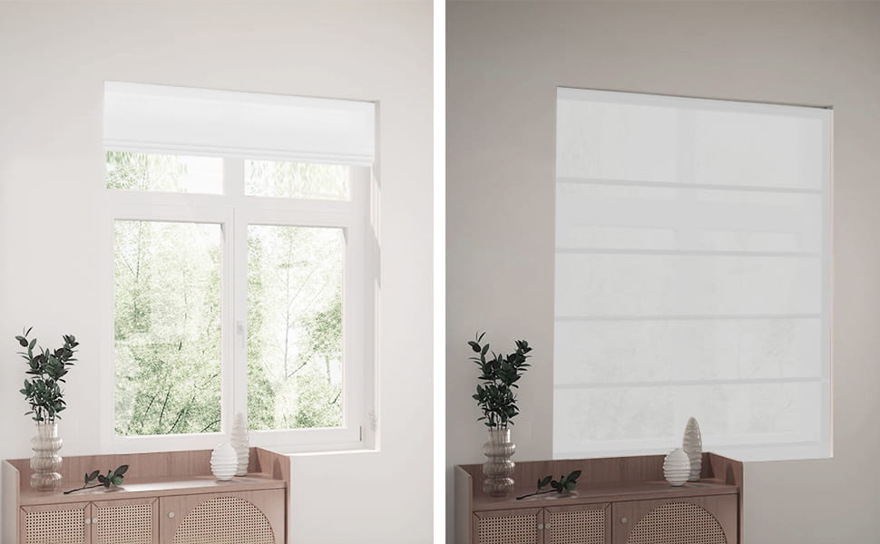 Roman shade shown with different light-filtering levels