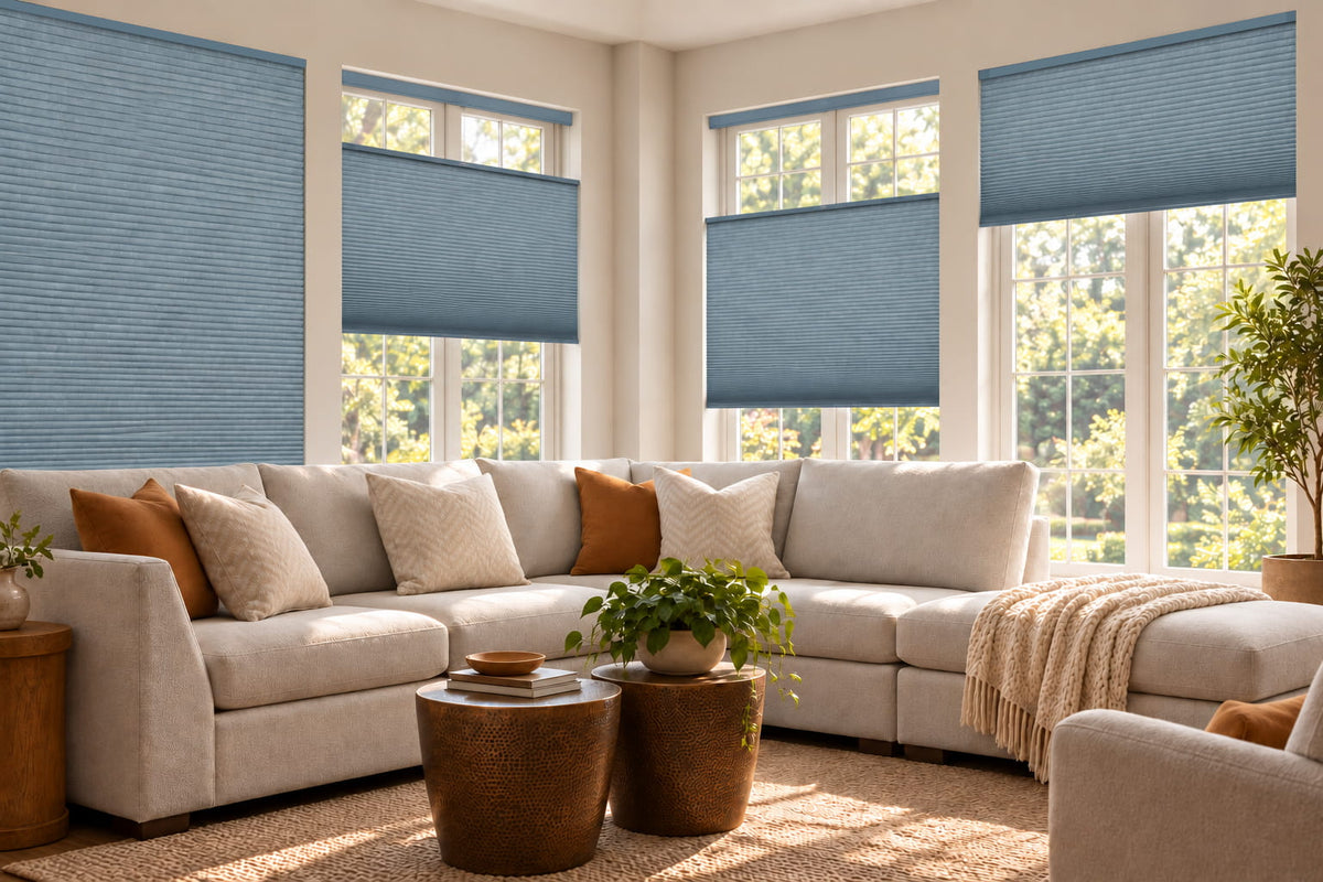 Blue top-down bottom-up shades on corner windows behind a cream sectional sofa and round wooden tables.