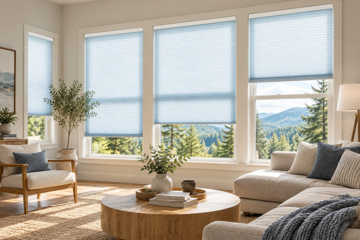 White light-filtering shades on tall living room windows beside a pale sofa.