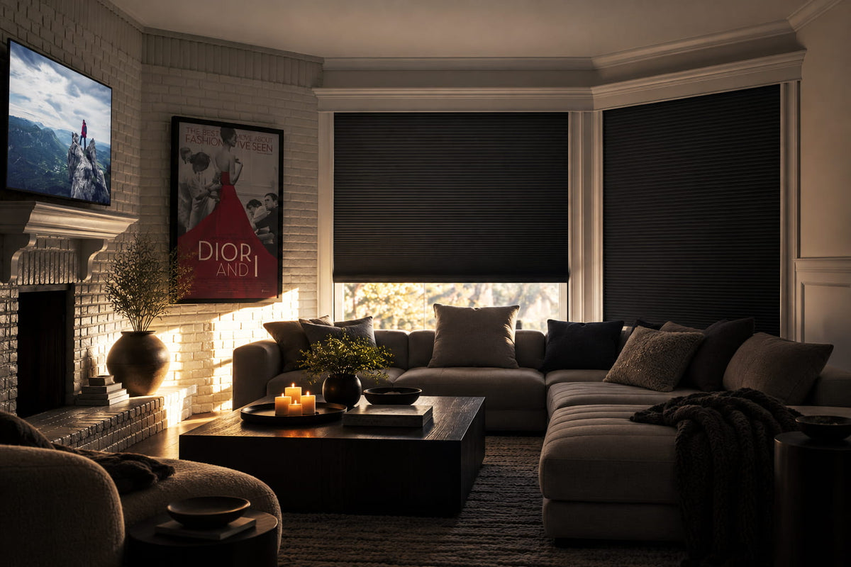Dark window shades in a media room with a television, dark sofa and coffee table.
