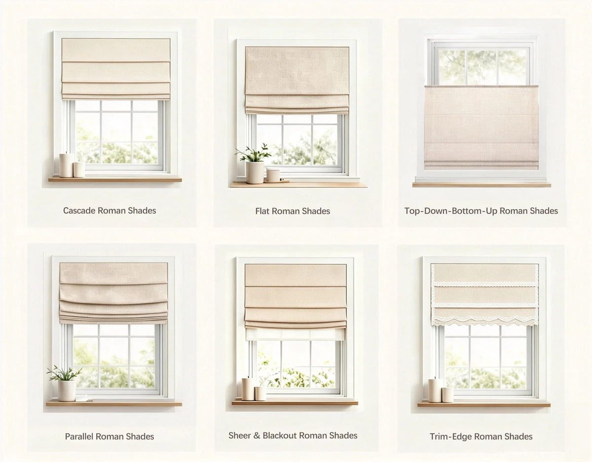 Six Roman shade styles shown on windows