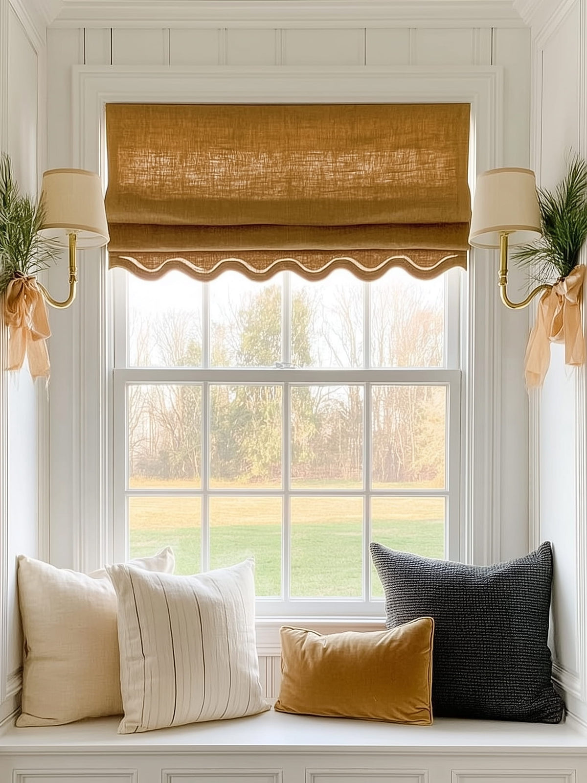 Tan Roman shade with scalloped trim above a window seat