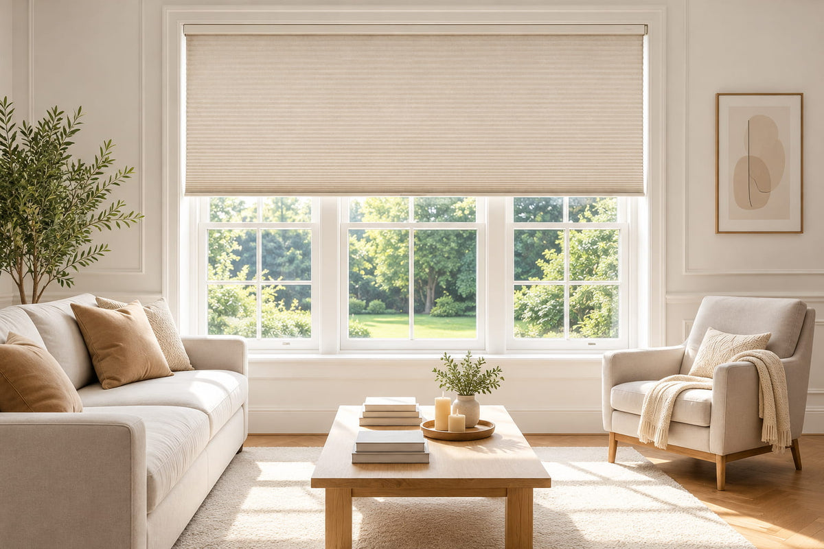 Beige cellular shades partially lowered over a large living room window