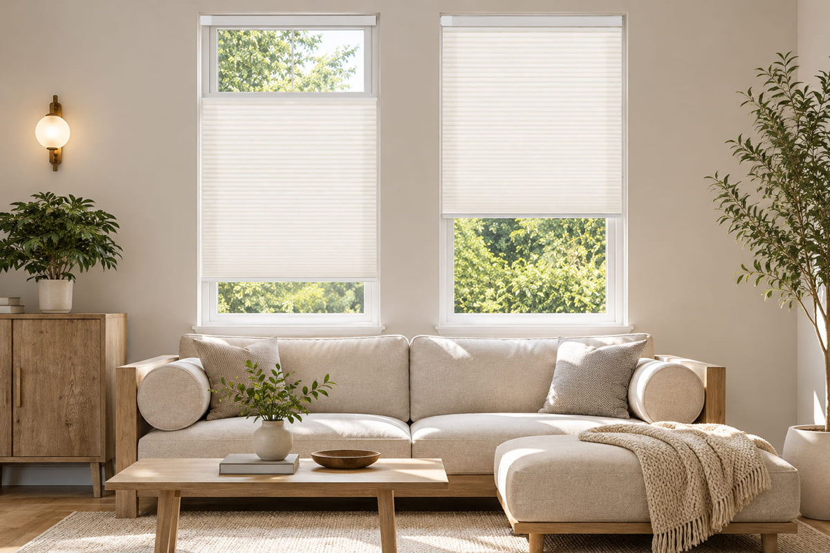 White top down bottom up cellular shades providing privacy and natural light in a living room