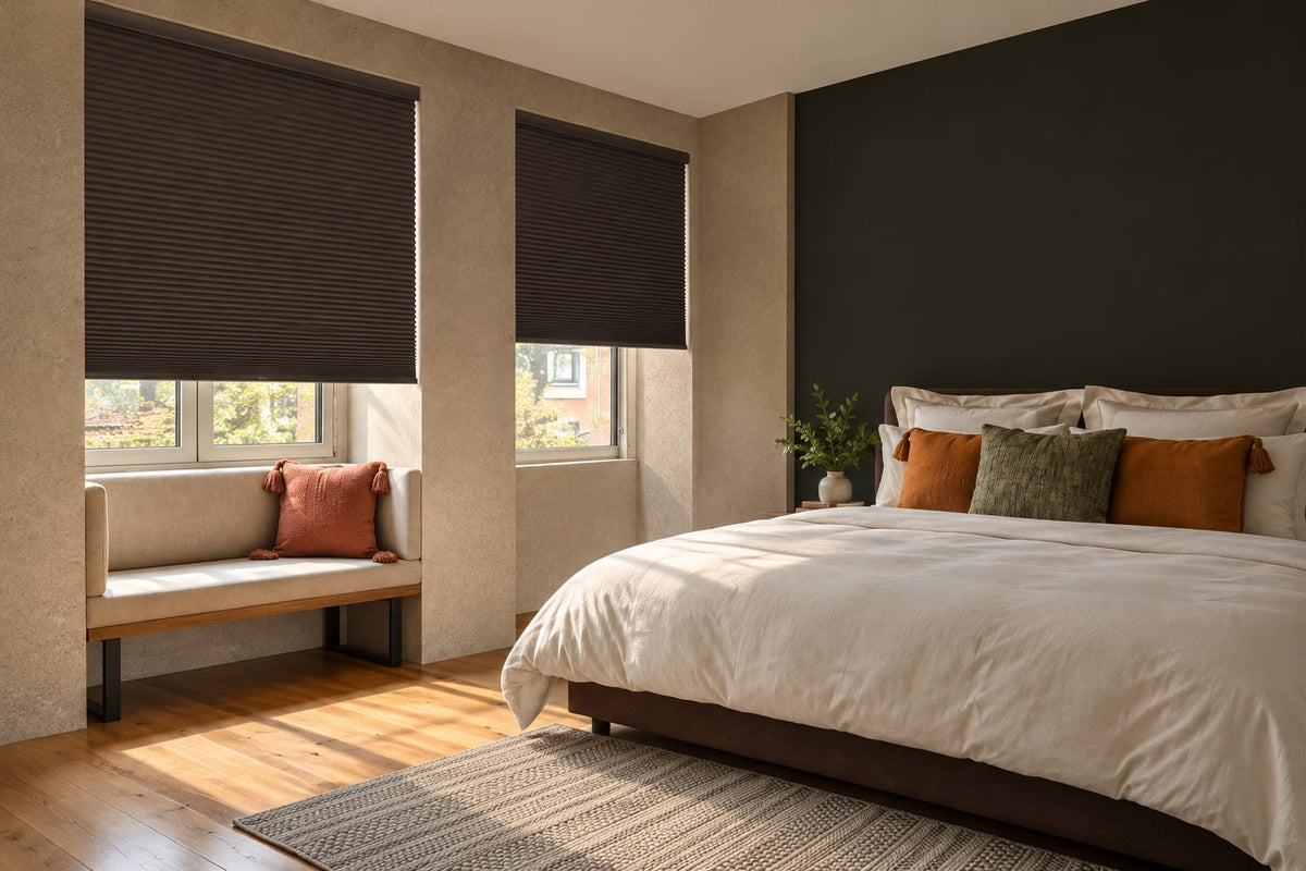 Dark brown cellular shades on two bedroom windows for privacy and light control