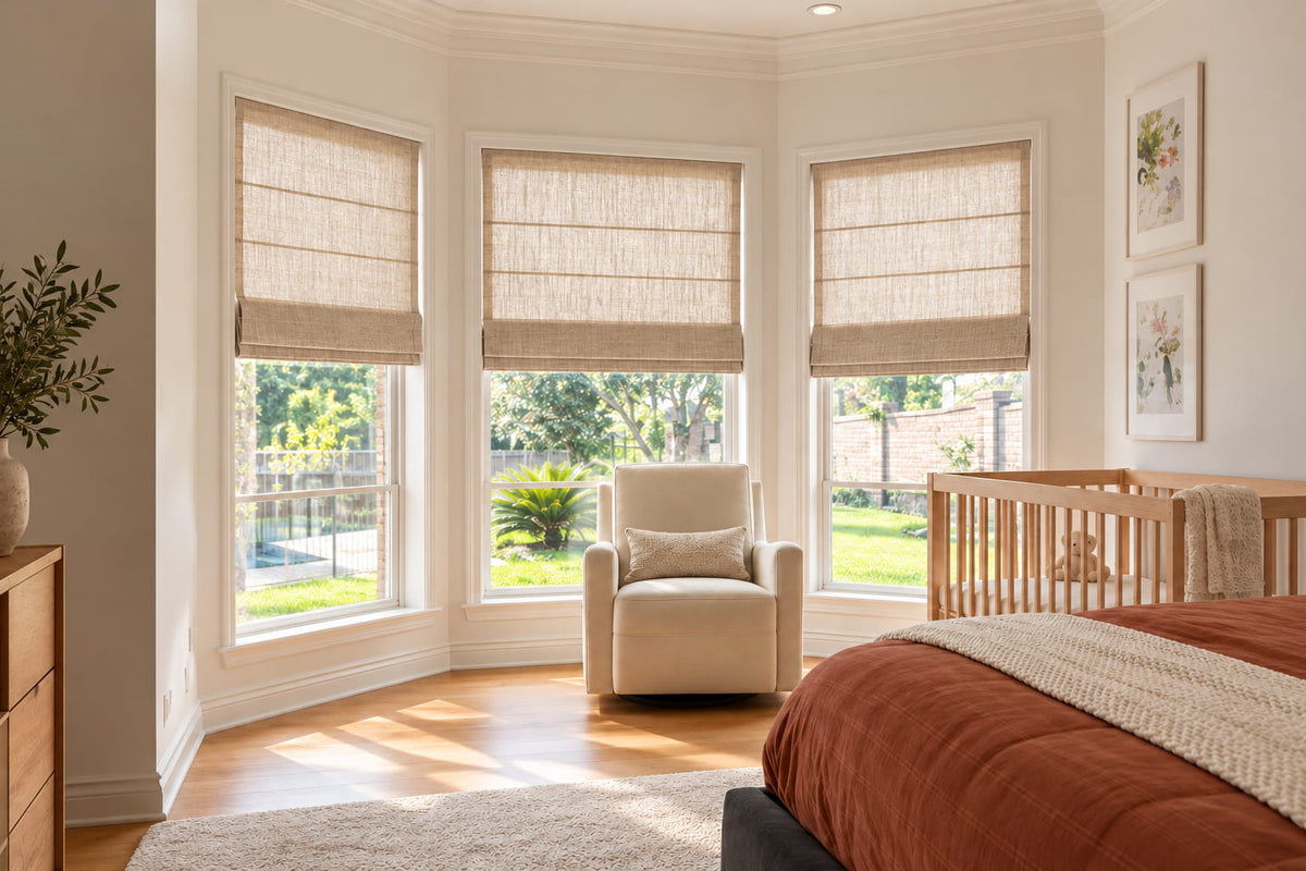 Light filtering Roman shades on three nursery windows with soft natural daylight
