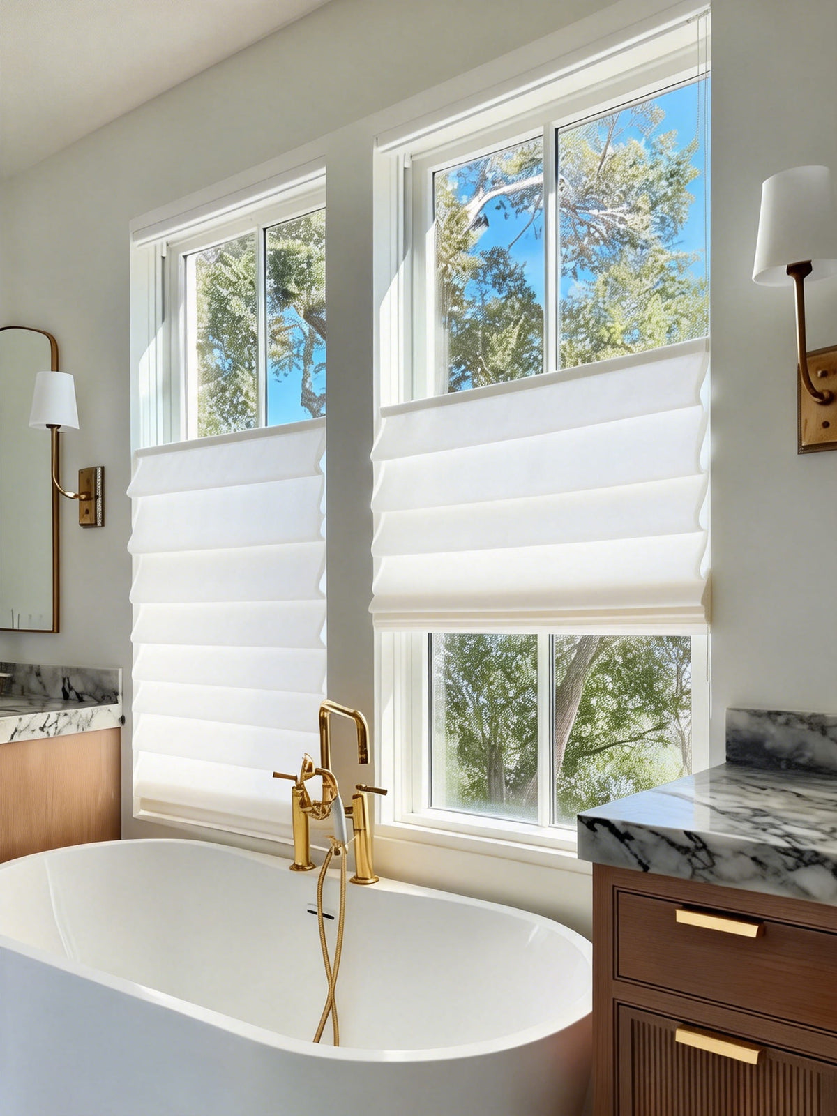 Roman shades on kitchen windows