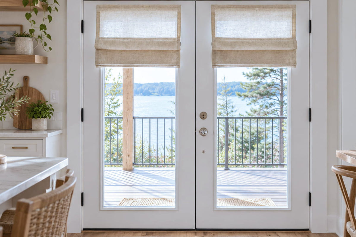 Beige Roman shades cover the upper glass panels of white French doors opening onto a waterfront deck.