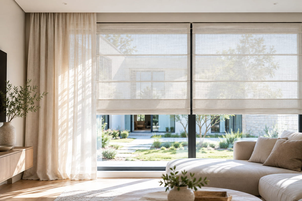 Sheer Roman shades reveal trees through wide windows beside floor-length curtains and a cream sofa.
